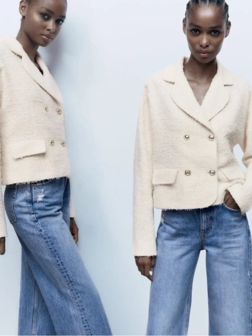 Zara Cream Bouclé Double-Breasted Blazer Jacket